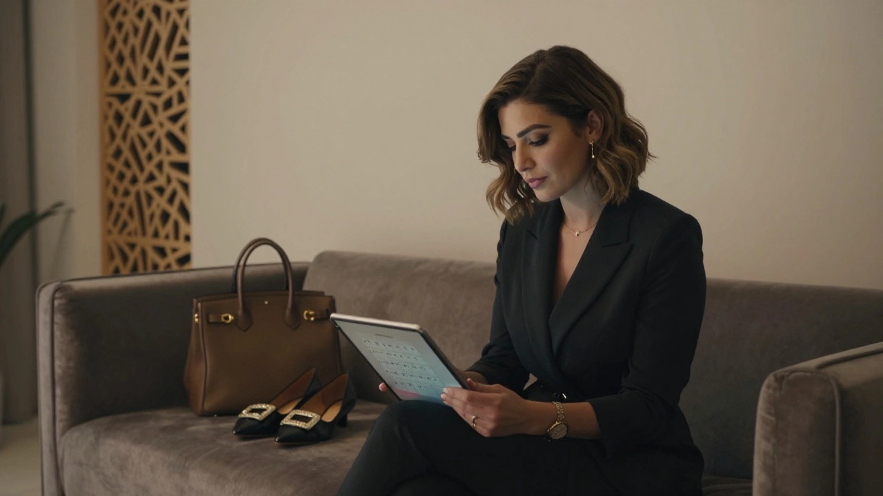 A professional woman in a modern Dubai apartment reviewing her schedule, surrounded by elegant personal items.